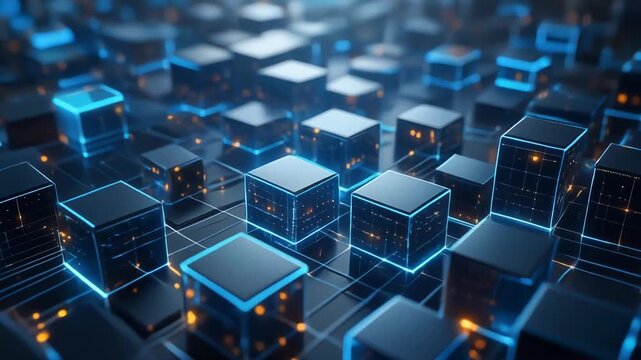 Futuristic digital cubes network with glowing blue and orange lights technology concept