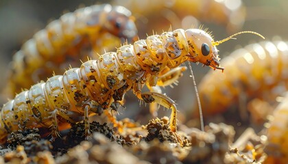 Close-up macro of beetle larvae crawling on soil