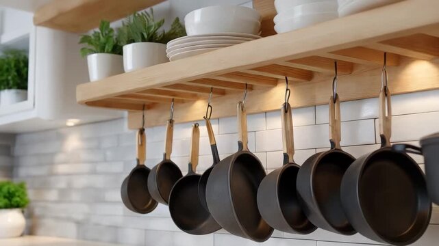 A chic kitchen displays a custom wall mount for pots and pans, maximizing storage while offering easy access and a visually appealing arrangement for a streamlined cooking experience. cinematic