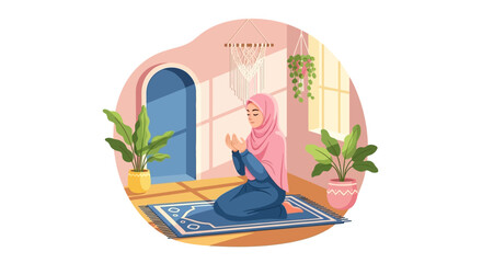 Naklejka premium Muslim woman in hijab praying at home, peaceful Islamic devotion and spirituality