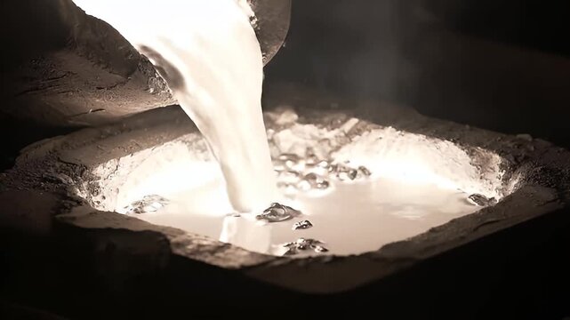 Molten silver-colored metal is poured into a glowing crucible during a high-temperature industrial casting process.
