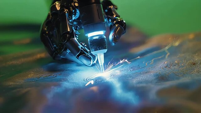 Advanced robotic arm precisely engraving intricate patterns with sparks flying, symbolizing innovation and precision manufacturing.
