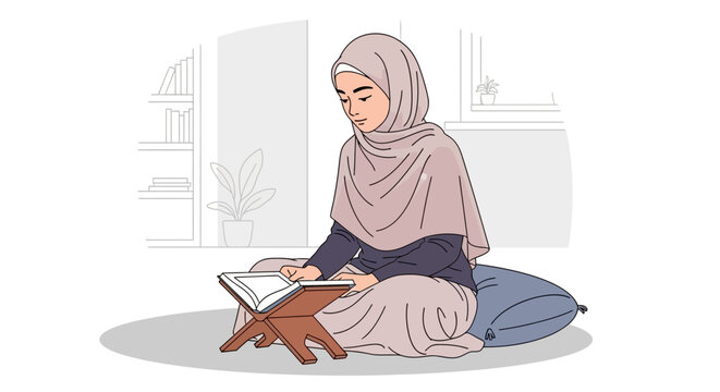 Muslim woman in hijab reading Quran on a stand, serene indoor scene