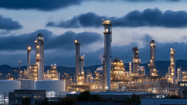 A complex supply chain defines the petroleum fuel industry, connecting oil fields, refineries, pipelines, and fuel stations to meet global energy needs. cinematic color correction, natural uneven