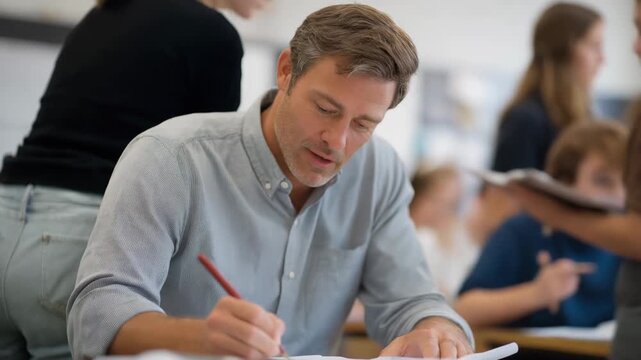 A dedicated teacher checking homework reviews assignments in a bright classroom, making notes with a red pen, surrounded by eager students engaged in discussions about education and personal