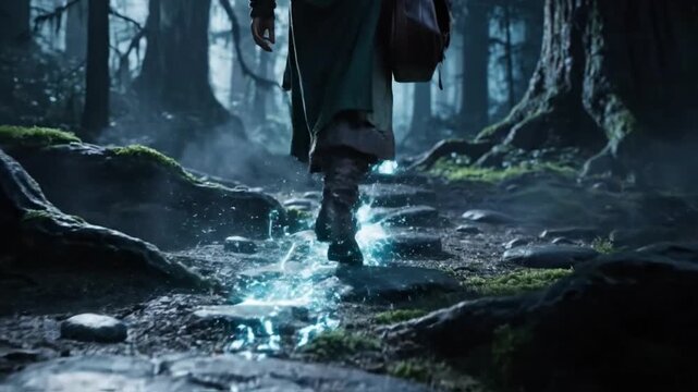 Mysterious Footsteps in the Enchanted Forest: An individual treads a mystical pathway through a captivating, moss-covered forest, their journey illuminated by a trail of ethereal light. 