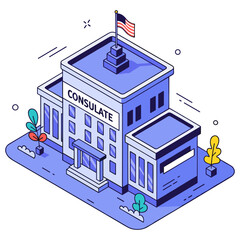 Fototapeta premium Isometric illustration of american consulate building with flag. No editable stroke