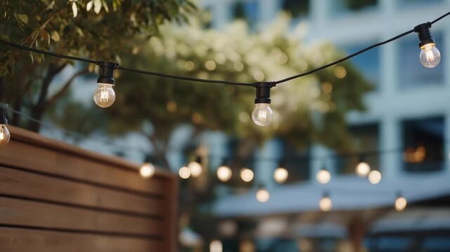 An outdoor patio presents a durable wall mount holding string lights, enhancing the ambiance for evening gatherings and creating a cozy atmosphere with a touch of elegance and charm. cinematic