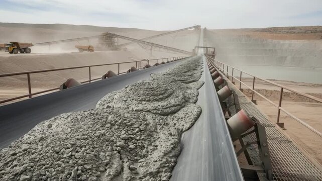 Medium shot of paste tailings conveyor system focusing on the thick slurrylike mining waste being transported for secure disposal.