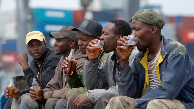 Dockworkers taking a break on a sunny day, enjoying refreshments while surrounded by towering cargo containers, showcasing the camaraderie and relief during a busy work schedule. cinematic color