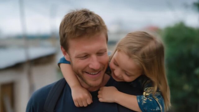 During a casual outing, a devoted dad is seen smiling as he carries his daughter, emphasizing love, security, and positive parent child relationships. cinematic color correction, natural uneven