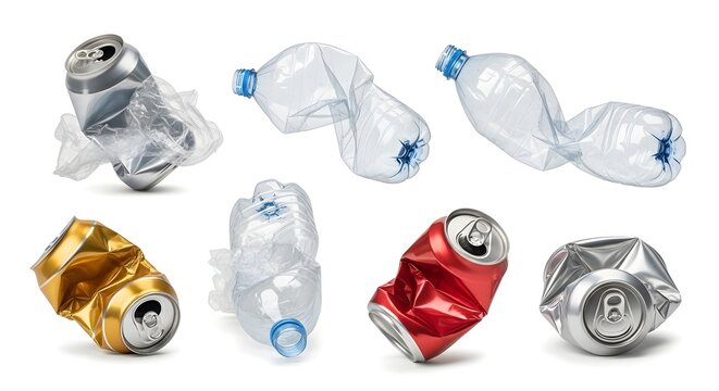 Assortment of various crumpled beverage cans and empty plastic water bottles isolated on a clean white background representing discarded consumer waste and recycling concepts