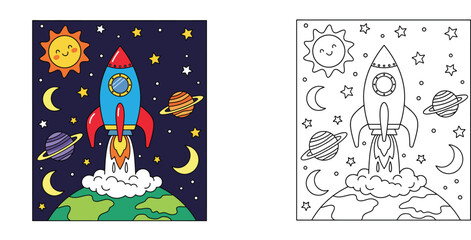 Obraz premium Space Rocket Launch Coloring Page for Kids with Planets, Stars, Sun and Earth. Educational Activity Vector Illustration for Children's Book and Coloring Worksheet Set for Preschool.