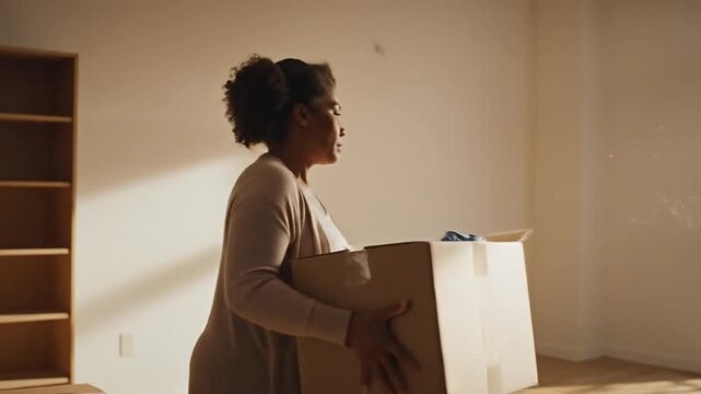 New Beginnings: A woman embraces a new chapter, carrying a box into an empty room, symbolizing fresh starts and exciting opportunities.