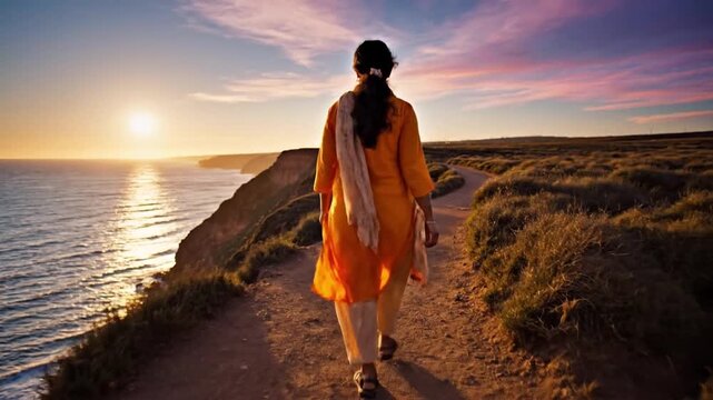 Solitude by the Shore: A solitary figure, clad in vibrant attire, walks along a coastal path, the setting sun painting the sky with hues of hope and serenity. The ocean stretches endlessly.