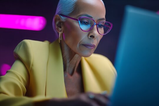 African American senior woman coding on laptop in neon lit tech hub workspace
