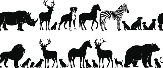 Animal silhouette lineup, wild and domestic species, black vector illustration, size comparison, nature diversity, white background, pets © Mst