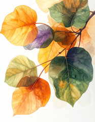 Watercolor painting of autumn leaves in warm and cool tones on a white background