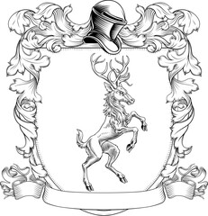 Male deer or stag hart coat of arms or crest family heraldry medieval heraldic knight shield. With helmet and acanthus filigree scroll ornament in a vintage woodcut style.