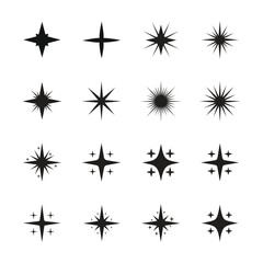 Black sparkle and starburst icons set for magic effects and festive design elements © lipi