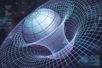 Abstract representation of a three dimensional space time continuum with a spherical object nestled within a cosmic grid demonstrating the essence of theoretical physics and dimensional