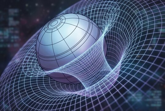 Abstract representation of a three dimensional space time continuum with a spherical object nestled within a cosmic grid demonstrating the essence of theoretical physics and dimensional