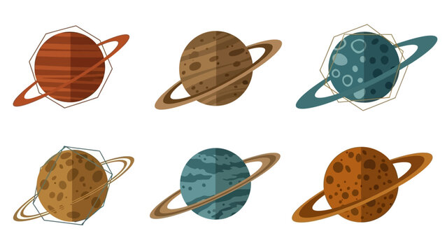 Set of Stylized Planets with Rings, Cosmic Celestial Bodies, Space Exploration