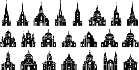 Church and cathedral silhouette icons, diverse architecture styles, steeples, domes, towers, facades, religious buildings, vector set © Mst