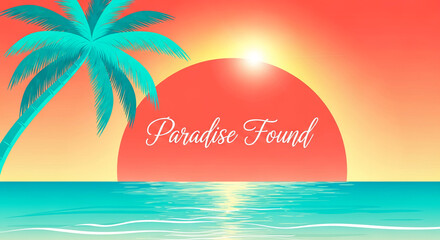 Tropical beach illustration with teal palm tree, red sun, and serene ocean view, embodying escapism, relaxation, and the allure of a coastal paradise