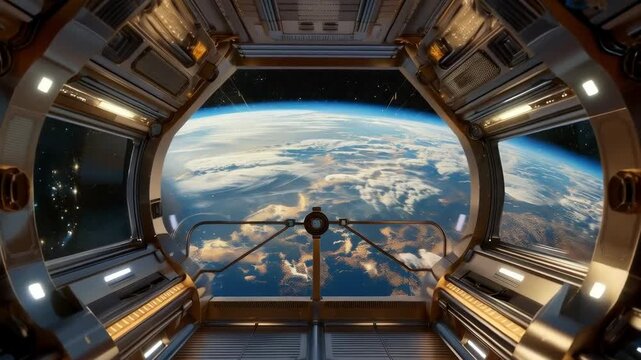A spacecraft with a view of Earth through a porthole creates an atmosphere of boundless possibilities and dreams for the future, ideal as an inspiring backdrop for scientific and educational initiativ