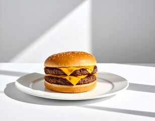 Double cheeseburger on a white plate against a bright white background with diagonal shadows from window light