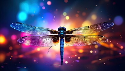 Dragonfly with iridescent wings against a bokeh background with a colorful glow