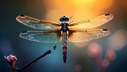 Dragonfly with spread wings in bright lighting on a twig against a bokeh background