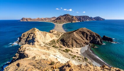 Dramatic aerial view of coastal landscape featuring a sandbar connecting two land masses, azure water, and clear blue sky