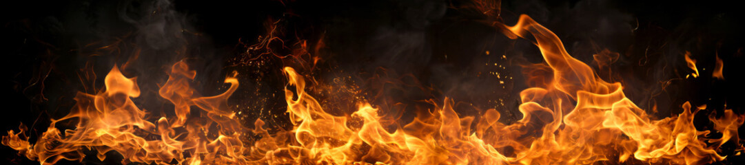 Fototapeta premium Fiery Inferno: A vibrant dance of flames against a dark background, showcasing the intense power and mesmerizing beauty of fire. 