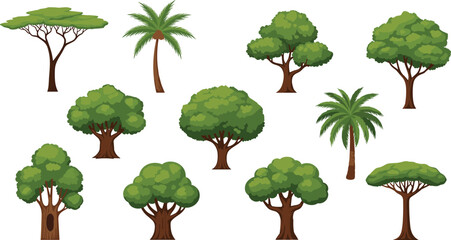 Vector set of African savanna trees featuring acacia and palm plants with lush green foliage for nature landscape design isolated on white background. © MDASIKUL