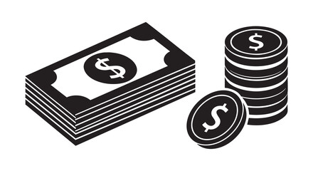 Money and Currency Icon Set, Stack of Cash and Dollar Coins