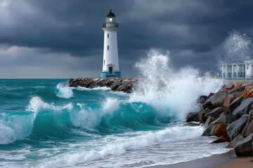 Obraz premium Waves crash against the rocky pier near a lighthouse under dramatic stormy skies