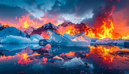 Dramatic landscape with icebergs reflecting a fiery sky and snow-capped mountains in a calm lake