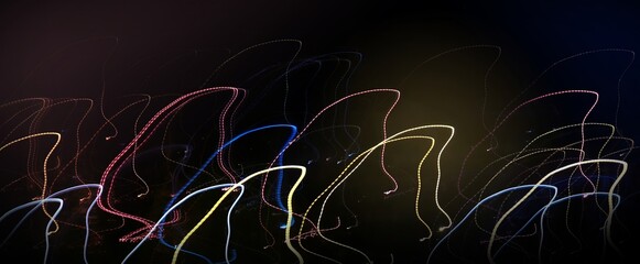 Night photography with selective focus and long exposure. Linear composition in motion. Abstract background, glowing lines. Copy space. Textures of light. Wrapper. Backing. Cover. A unique image.
