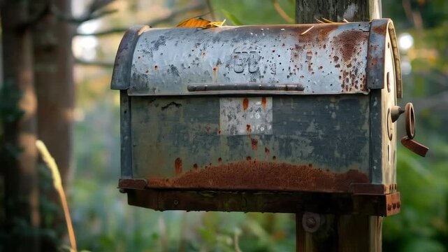 A forgotten, rusting post box on a wooden post surrounded by overgrown vegetation emphasises the abandonment and decline that is relevant as a symbolic backdrop for discussing the problems of rural de