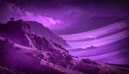 Dramatic purple landscape with layered hills, a prominent peak, and cloudy sky. Ethereal and otherworldly vibe