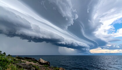 Dramatic shelf cloud over dark water; rocky shore with greenery bottom left, cloudy sky with hints of blue right