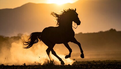Dramatic silhouette of a horse galloping in a dusty field during a golden sunset