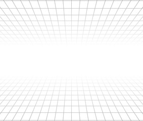 Symmetrical 3D grid perspective background a clean white wireframe illustration featuring mirrored floor and ceiling planes, ideal for technical presentations, VR concepts, and digital void environmet