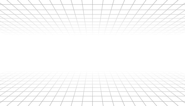Symmetrical 3D grid perspective background a clean white wireframe illustration featuring mirrored floor and ceiling planes, ideal for technical presentations, VR concepts, and digital void environmet