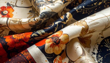 Draped floral fabric, featuring orange and beige blossoms with dark navy and cream hues, with folds and shadows