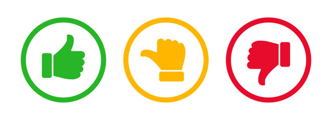 Thumbs up, neutral, and thumbs down rating icons; Like dislike and neutral feedback symbols representing positive, neutral, and negative user sentiment for reviews
