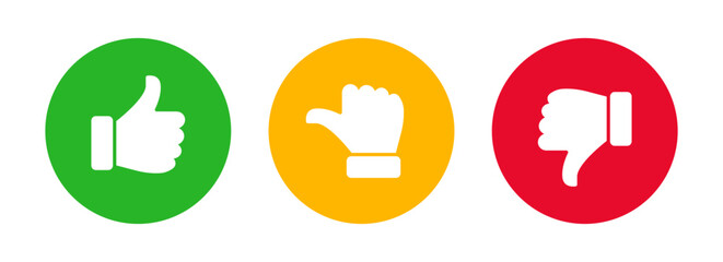 Thumbs up, neutral, and thumbs down rating icons; Like dislike and neutral feedback symbols representing positive, neutral, and negative user sentiment for reviews