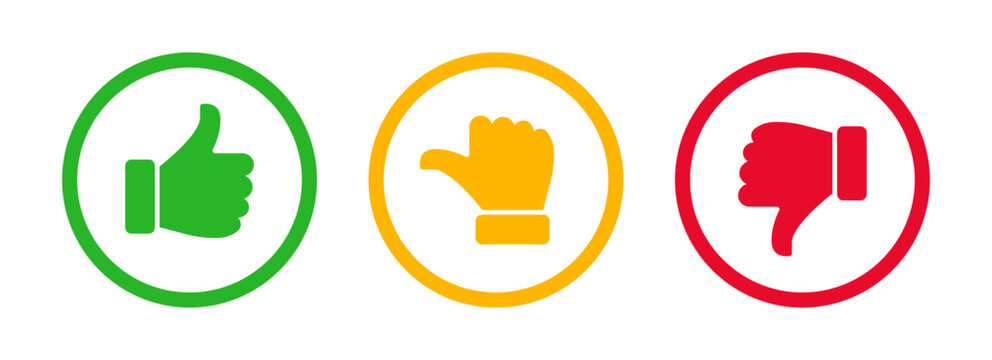 Thumbs up, neutral, and thumbs down rating icons; Like dislike and neutral feedback symbols representing positive, neutral, and negative user sentiment for reviews